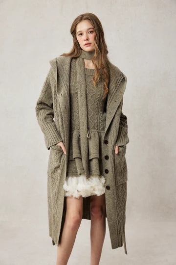 Grandkicks - 100% Wool Hooded Cable Knit Cardigan Coat