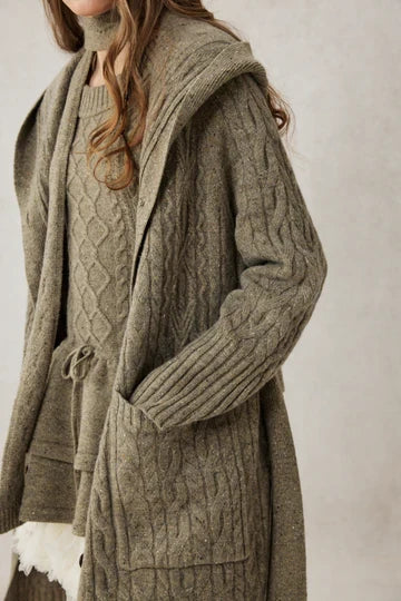 Grandkicks - 100% Wool Hooded Cable Knit Cardigan Coat