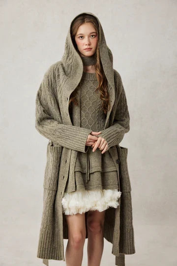 Grandkicks - 100% Wool Hooded Cable Knit Cardigan Coat