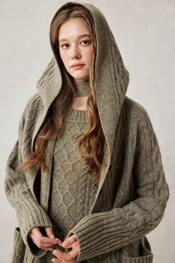 Grandkicks - 100% Wool Hooded Cable Knit Cardigan Coat